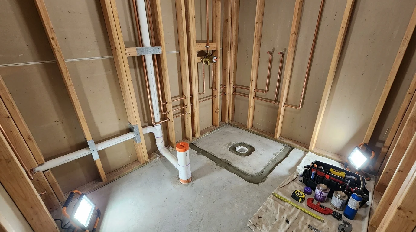 Bathroom rough-in plumbing during remodel by Johns Plumbing LLC in Navajo