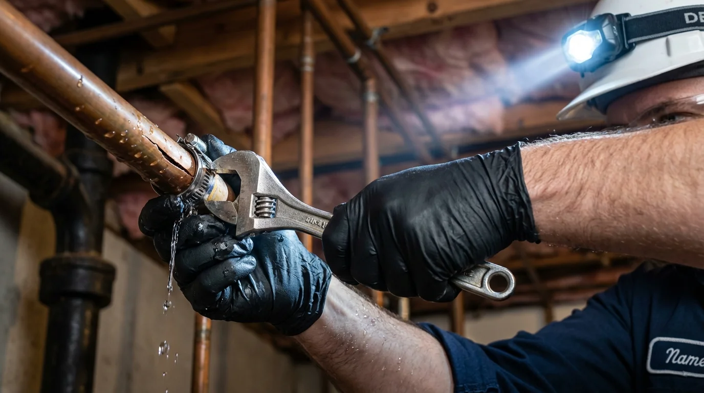 Emergency pipe clamp repair being performed by a Johns Plumbing LLC plumber in Navajo