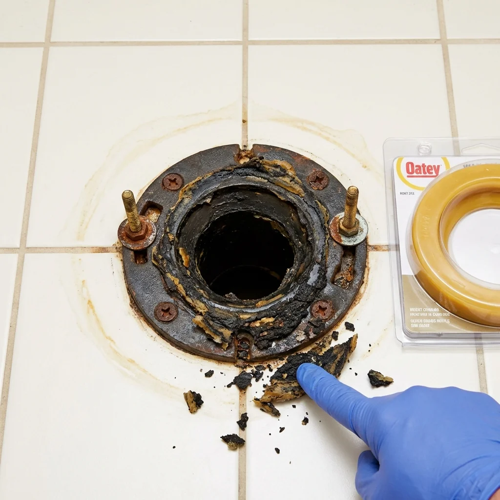 Failed wax ring showing water seepage at the base of a toilet in a Navajo, NM home