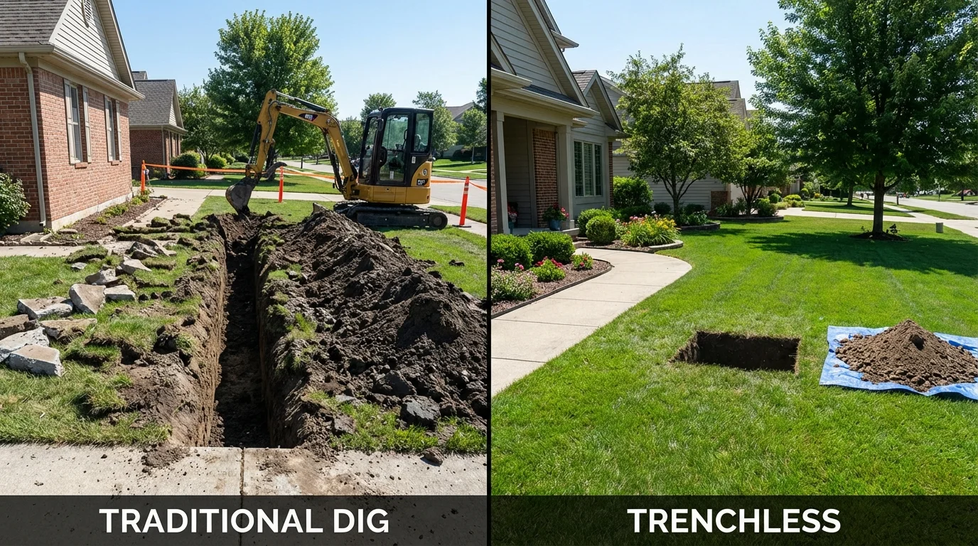 Trenchless sewer repair with minimal yard damage versus traditional excavation in Navajo, NM
