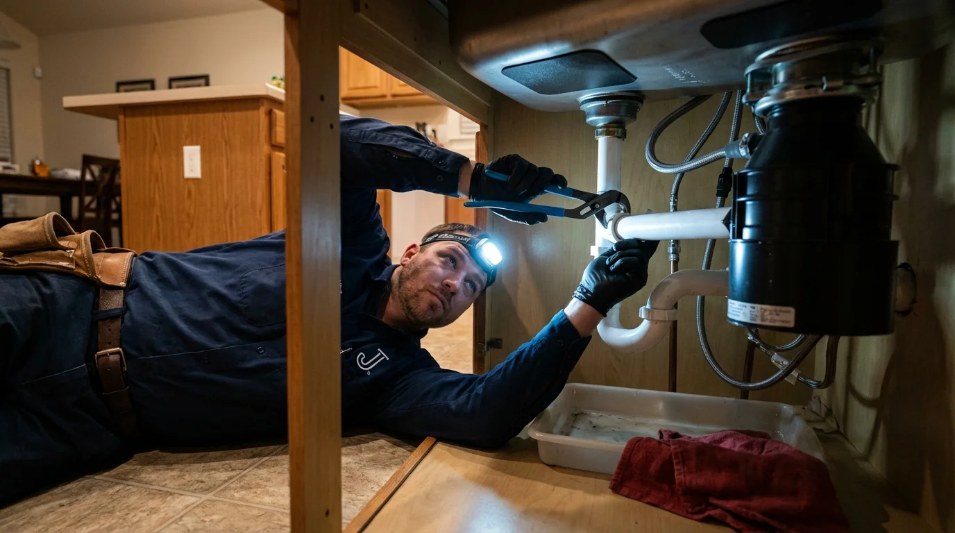 P-trap and supply line connections under a kitchen sink showing a common leak point in Navajo, NM